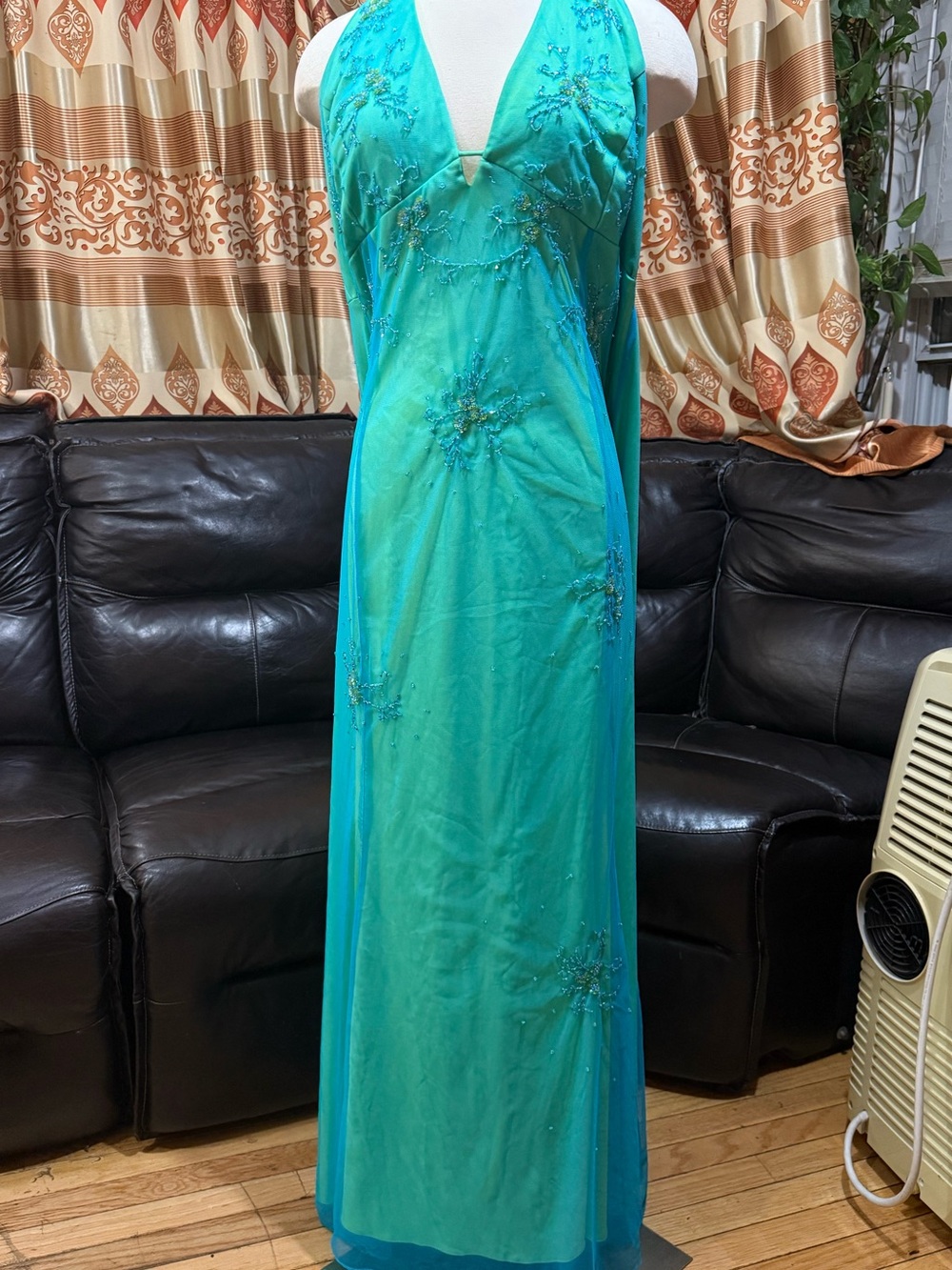 NIKI Livas Size XXL Vintage Y2K Grean Blue Foam Dress Beaded Turquoise